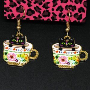 Super Cute ARTSY Multi Color Enamel, CAT and Detailed Floral TEACUP Earrings